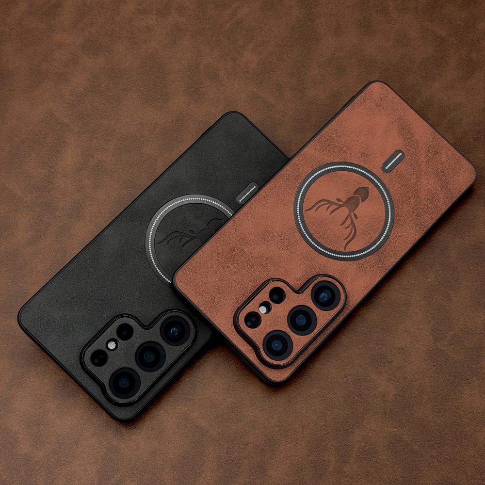 Luxury Faux Leather Case For Samsung Galaxy S26 S25 S24 S23 S22 Ultra Plus FE S26Ultra S25Ultra For Magsafe Charge Retra Cover