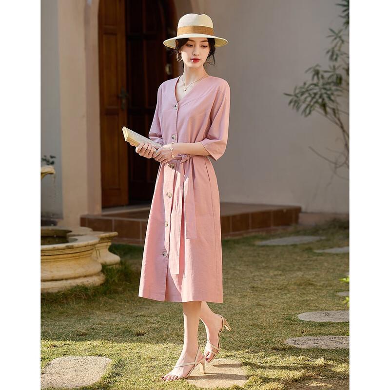 DeMana French Style Linen Blend Tie-Waist Midi Dress
