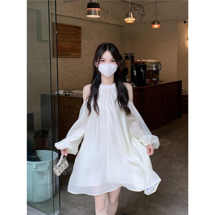 

Off-the-shoulder neck design unique dress autumn new loose fashion temperament white A-shaped dress women S абрикосовый