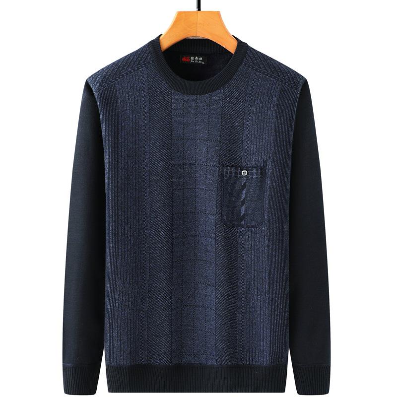 Men's Fleece-Lined Round-Neck Sweater for Autumn/Winter - Warm Knitted Base Layer for Dad or Grandpa