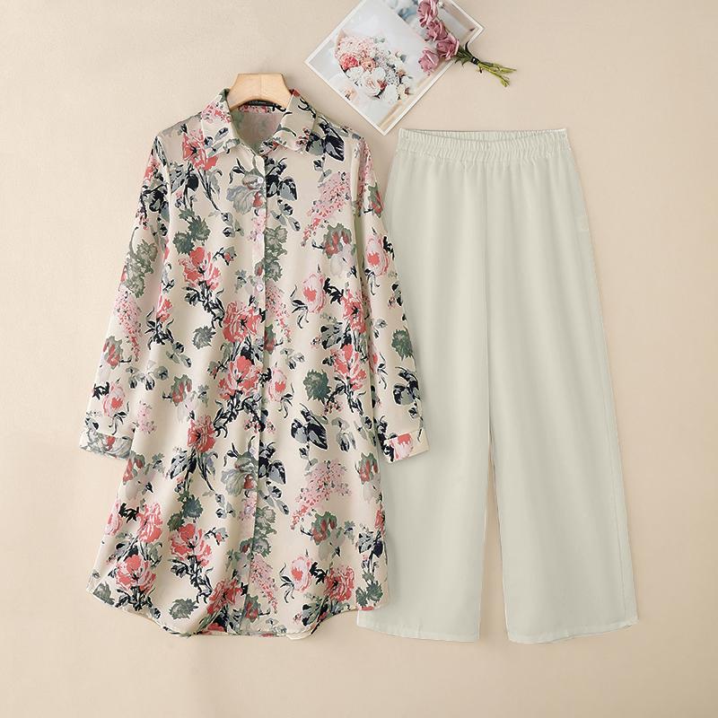 ZANZEA Women Spring Shirt Collar Long Sleeve Printed Shirt Straight Pants Two Piece Sets