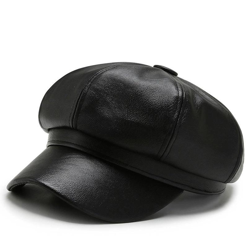 

New Korean Style Pu Leather Octagonal Hat for Men and Women Versatile Painter s Hat Retro Newsboy Hat, Artistic Painter s Hat чёрный