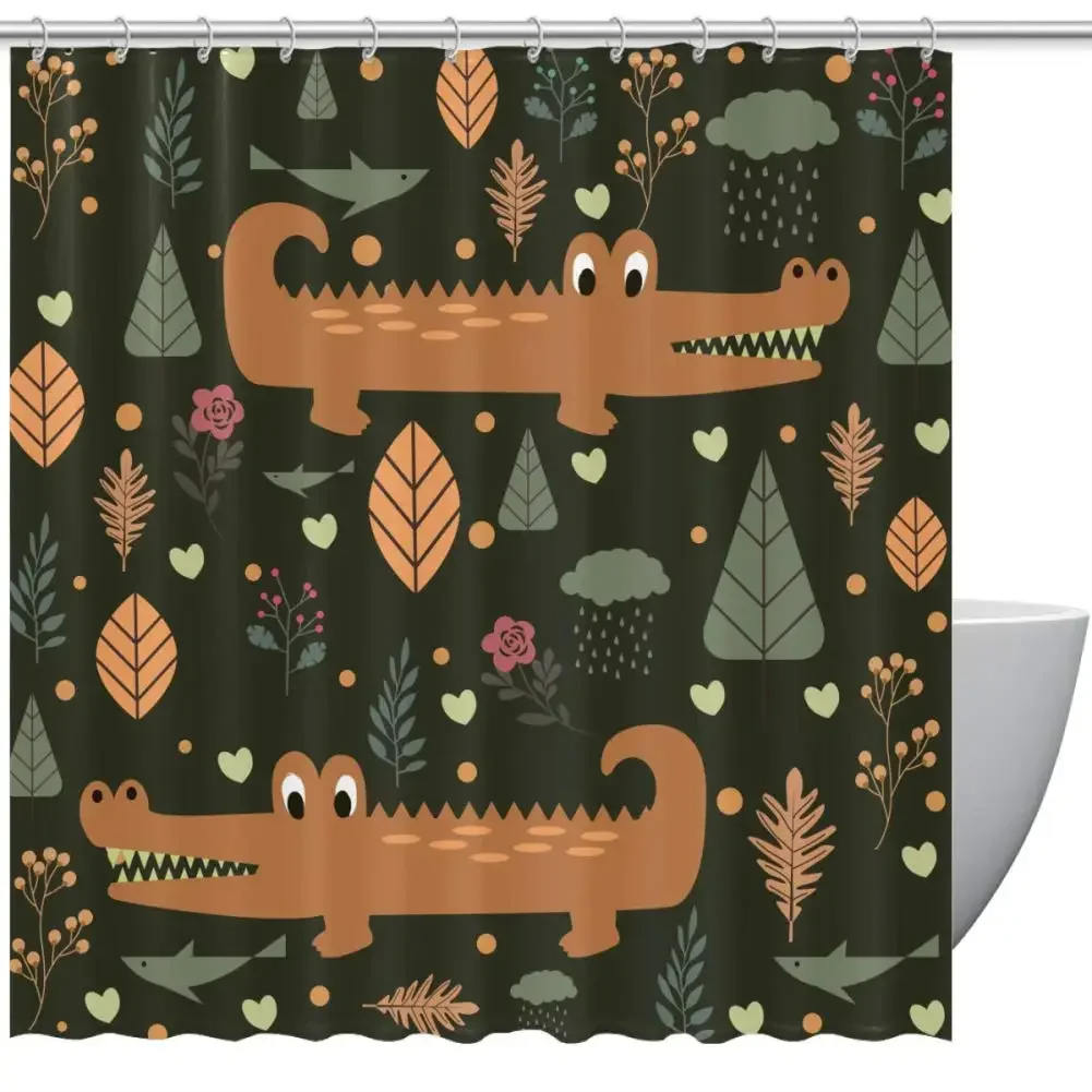 Cartoon Style Animal Shower Curtain Funny Crocodile Kids Shower Curtain Waterproof Fabric Bathroom Decor Screen with Hooks