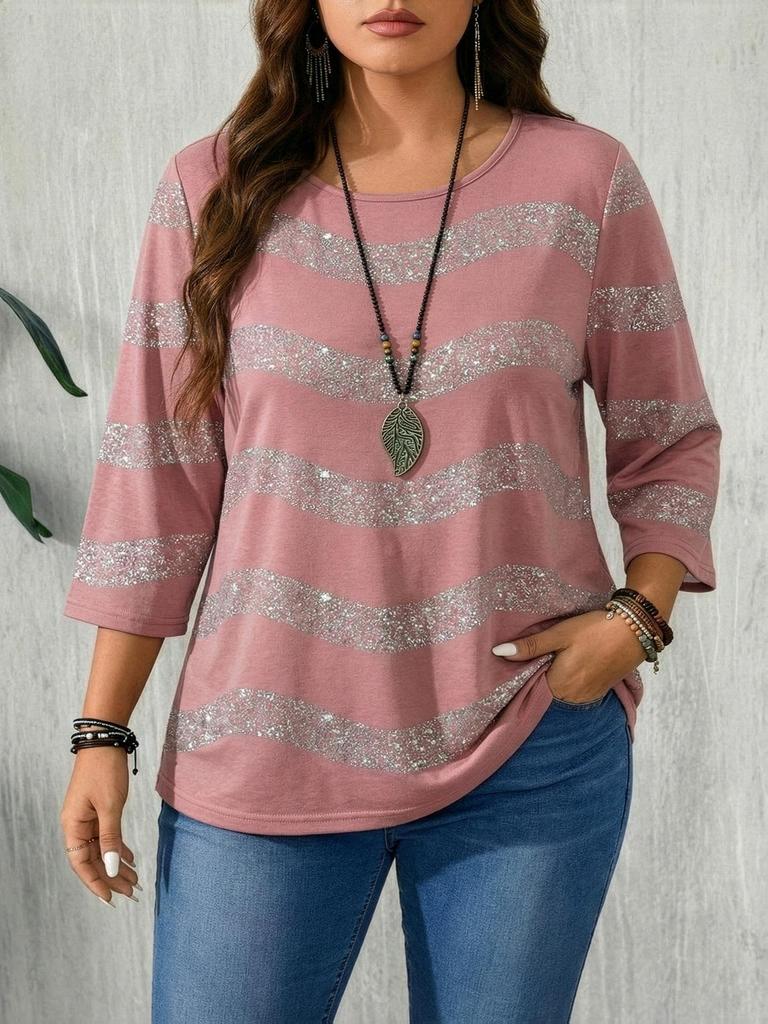 Plus Size Women's Striped Long Sleeve Round Neck Hoodie - Spring & Autumn 2026 Collection