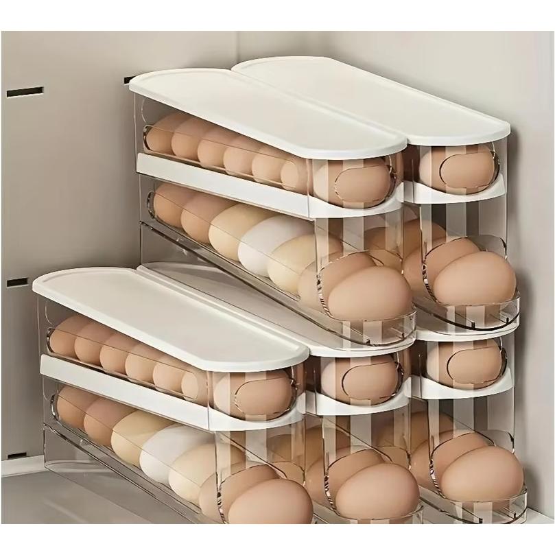 Bilayer Fridge Egg Storage Box Ladder Style Automatic Rolling Egg Holder Rack Refrigerator Dispenser Egg Organizer