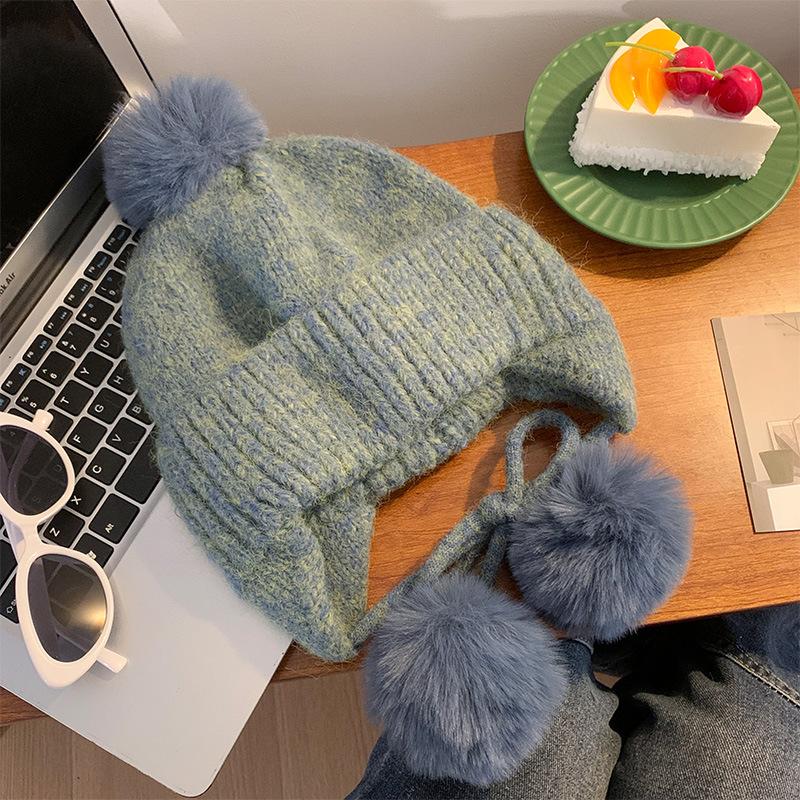 White Knitted Wool Hat, Children's Season Hairball, Warm Face, Small Ear Protectors, Headgear, Winter Big Head Circumference