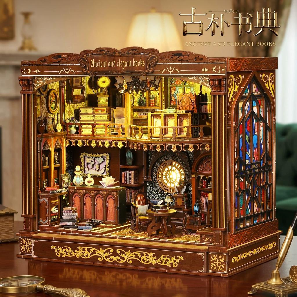 Jiate DIY Toy Book Nook Ancient Book Style Handmade Assembly Architectural 3D Bookend Model Gift for Men Women