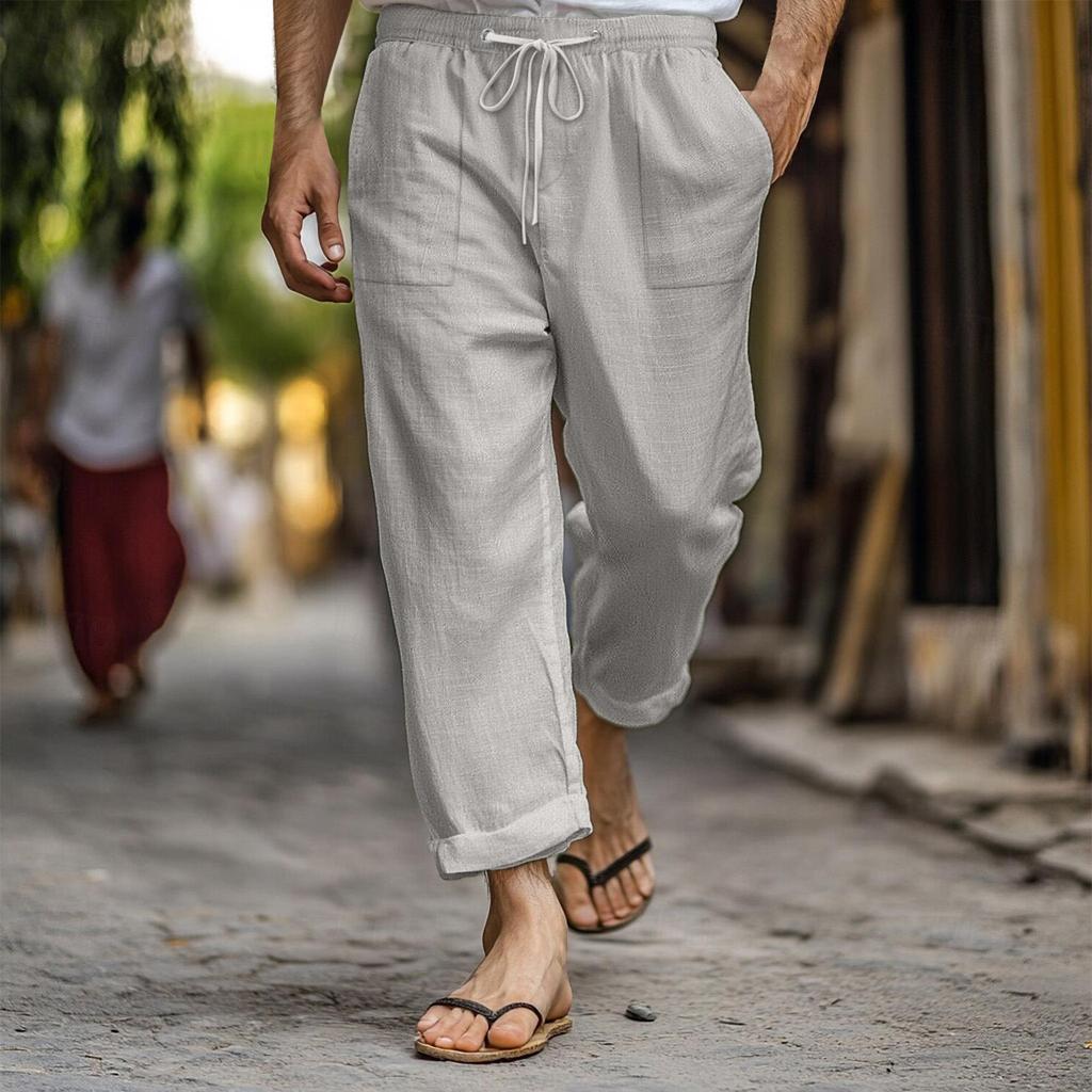 Men's Casual Summer Elastic Waist Drawstring Multi-Pocket Cotton and Linen Trousers Beach Pants