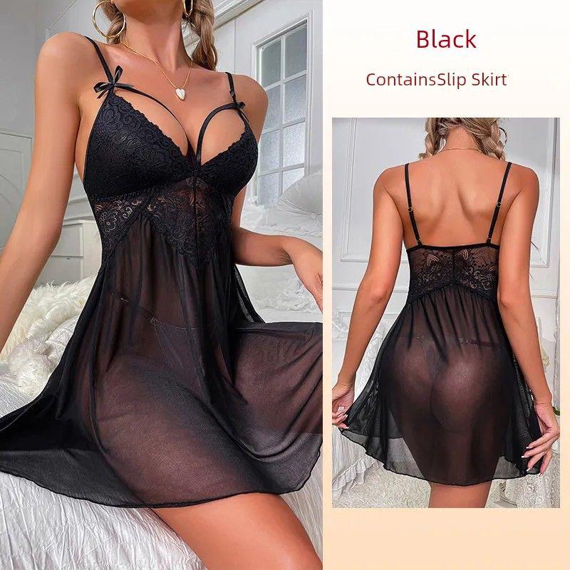 

2025 Fashion Style Sexy Mesh Nightdress/Lace Embroider Perspective Suspender Skirt/Sexy Seductive Date Skirt Black L