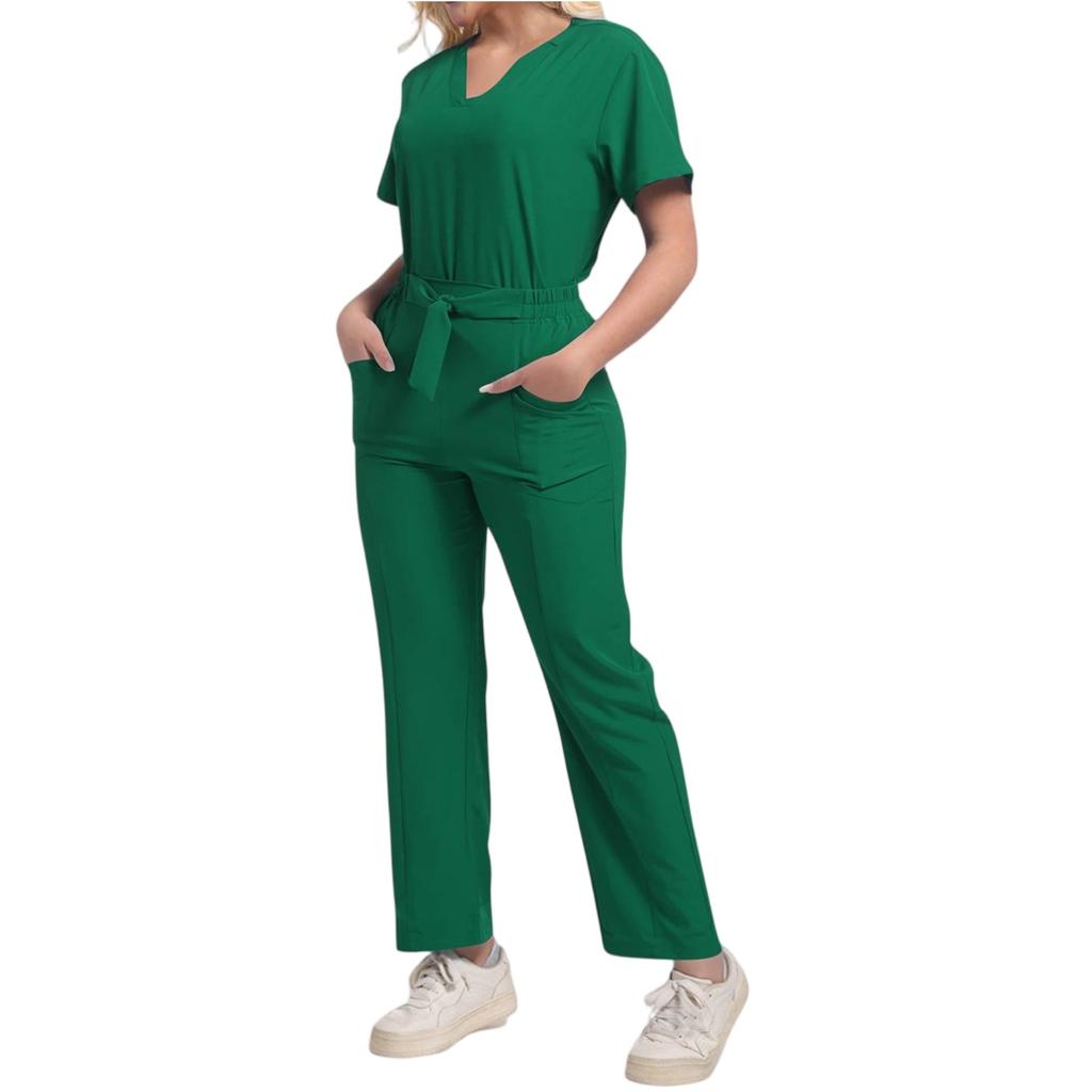 Damen Mode Kurzarm V-Ausschnitt Gemustert Tops Tasche Arbeits Set