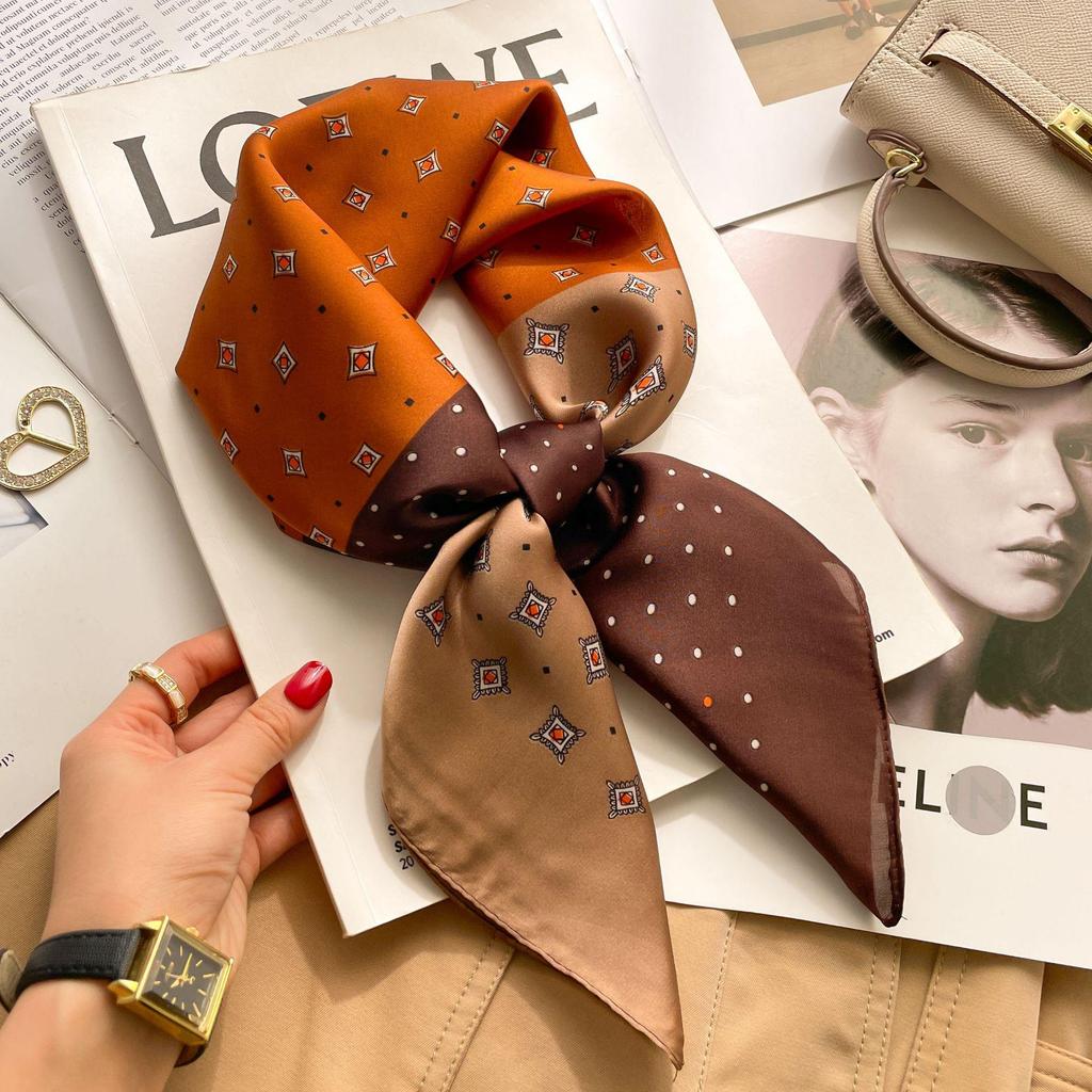 70cm Autumn Retro 3D Print Silk Scarf - Women's New Professional Square Imitation Ribbon