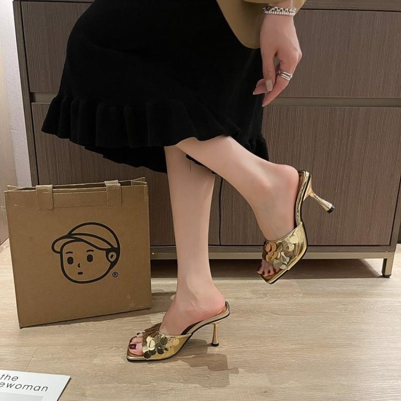 

Summer new niche fashion cool slippers outer wear thin heel sequined high heel sandals women s shoes 39 золотий