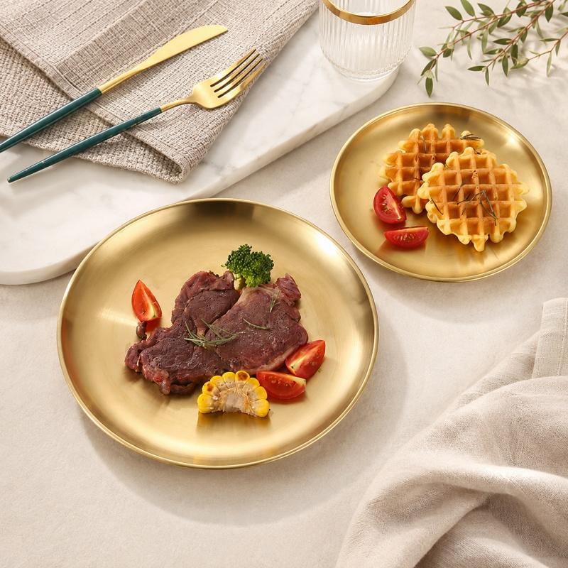 Stainless Steel Golden Round Plate Metal Dinner Serving Tray Gold‑Tone Dish for Steak Fruit Dessert Snack Kitchen Tableware