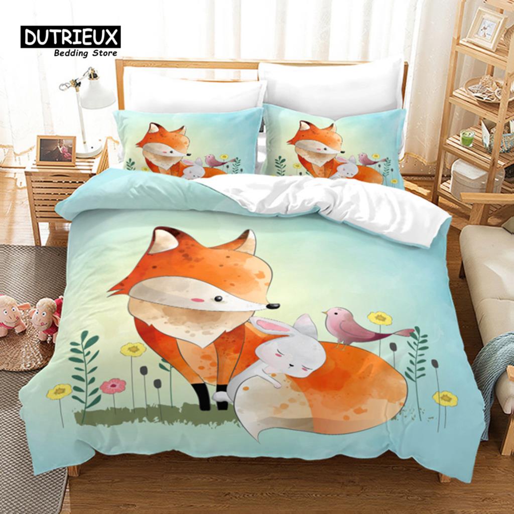 Kids Cartoon Fox Duvet Cover Microfiber Bedding Set Lovely Animal Theme Comforter Cover King For Kids Adults Girls Bedroom Decor
