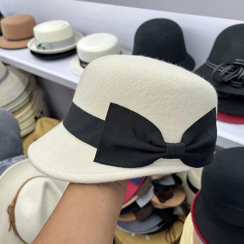 Japan autumn and winter new woolen hat bow women's retro casual equestrian hat peaked hat fashion knight hat