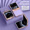 Luxury Flash Diamond Plain Leather For Samsung Galaxy Z Flip 7 Case Fold Hinge Rotating Ring Bracket Cover Optional Mirror Film