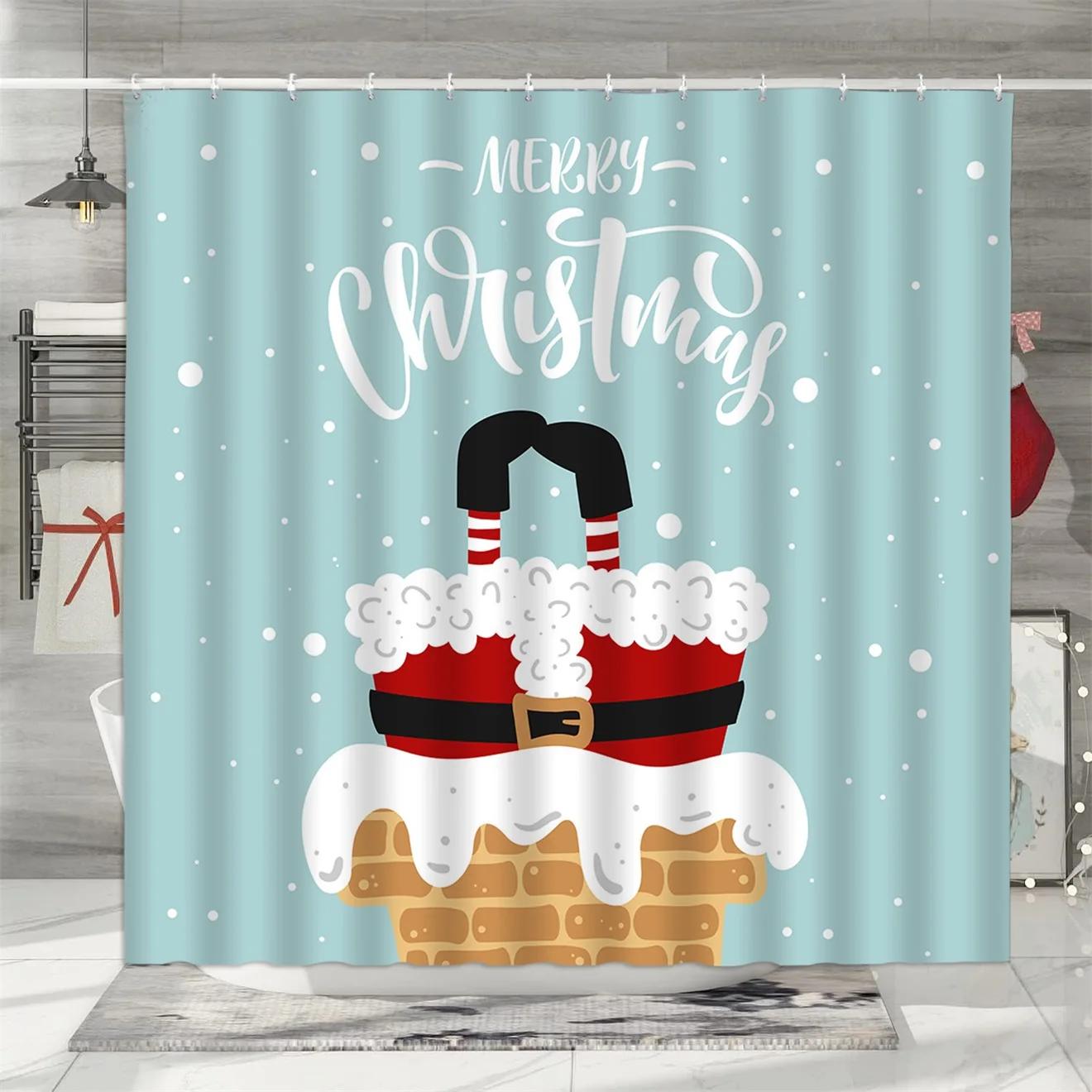 

GAEChristmas Shower Curtain, Winter Snowman Father Christmas Farmhouse Truck Snowflake Christmas Tree Red Bird Bathroom Decora 90x180cm