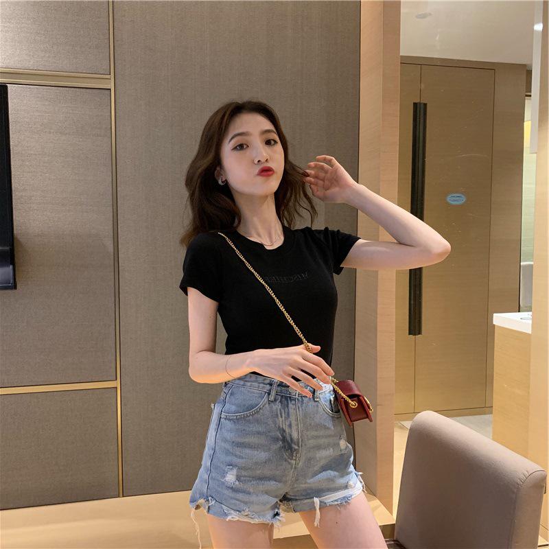 2025 Korean Letter Embroidery Slim Short-Sleeved T-Shirt - Women's Trendy Summer Top