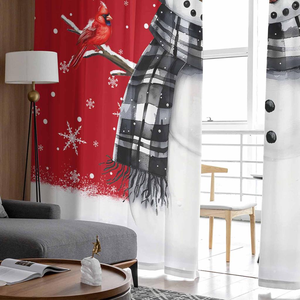 Christmas Snowman Snowflake Red Mockingbird Curtains For Living Room Bedroom Home Decoration Window Voile Tulle Curtain Drapes