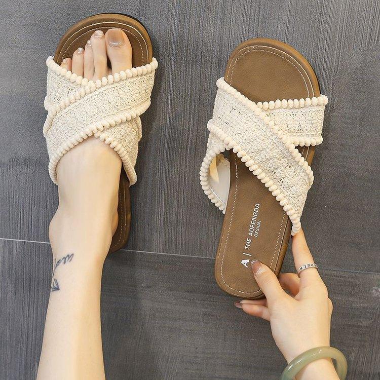 Slippers dames uitgaan high-value platte zool gekruiste bandjes bohemien slippers damesschoenen vakantiewind strand coole slippers