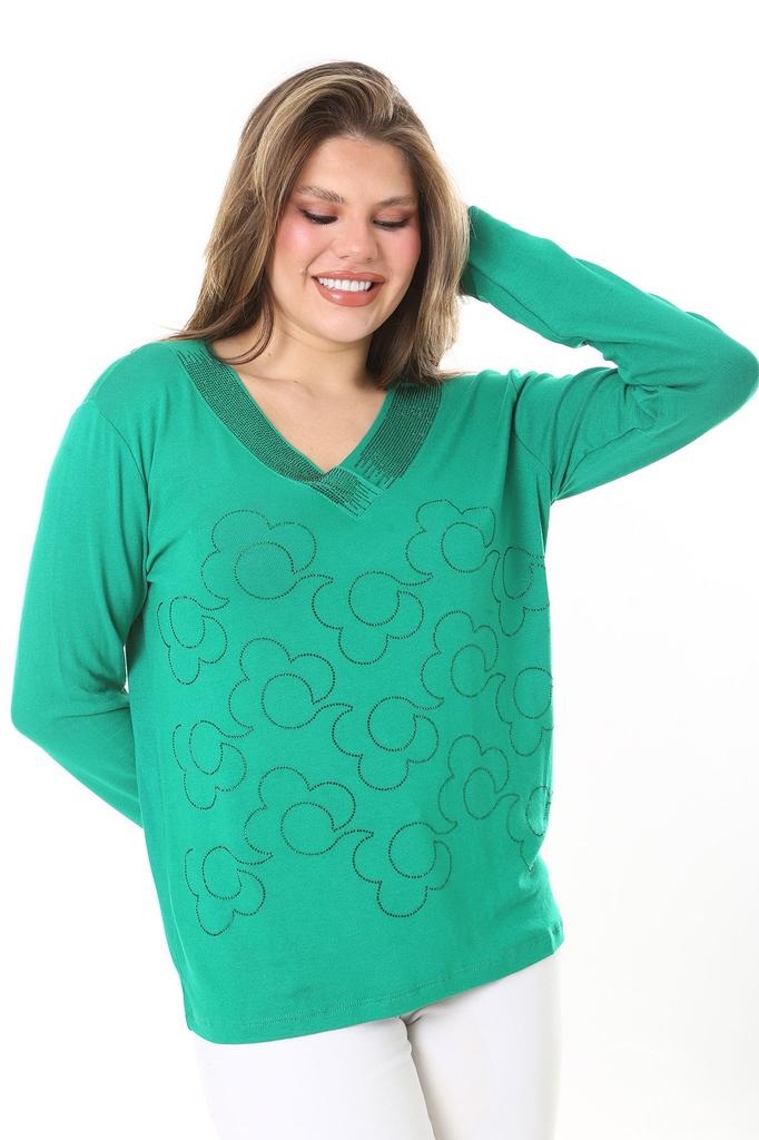 Damen Übergröße Bluse Plus Size Grün V-Ausschnitt Steinbesetzt Langarmbluse