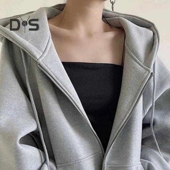 Autumn Spring Women Coat Hooded Drawstring Long Sleeves Pockets Zip-up Elastic Cuff Hem Loose Sport Hoodie Casual Daily Wear Jacket