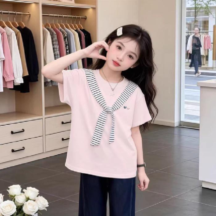 Girls Korean Style Summer Lace Denim Two-Piece Set - Casual Short Sleeve Outfit for 2026 170cm