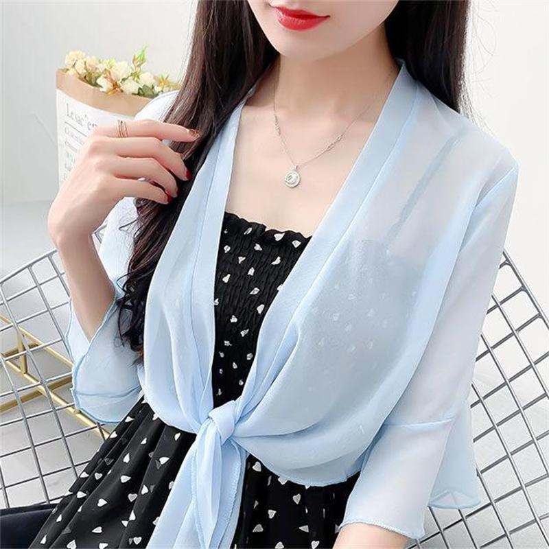 FEI JUN Chiffon Effen Kleur Vest, Zomer Sjaal Los Elegante Blouse, Dames Dunne Zonwerende XXL Fit 70-75KG