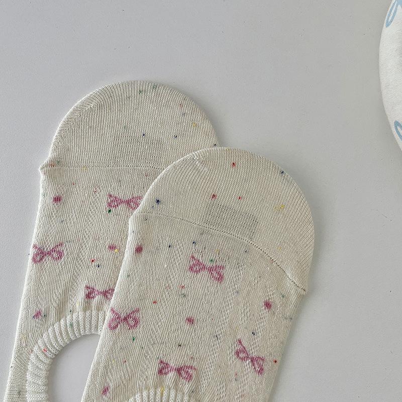 Thin Mesh Breathable Boat Socks, Silicone Anti-slip and Non-falling Heel Cotton Socks, Bow Bow Shallow Mouth Invisible Socks