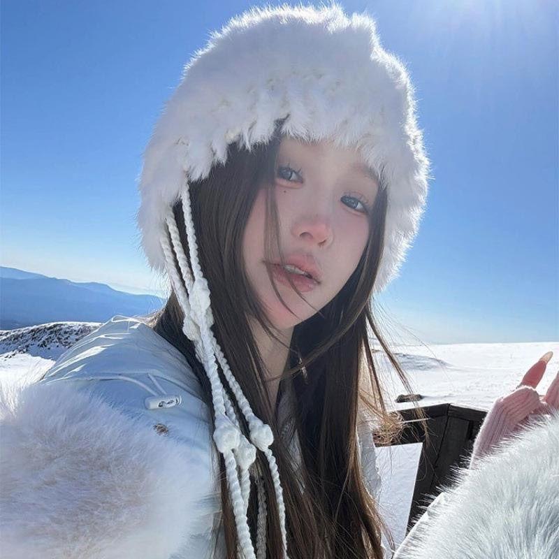 Rabbit-fur Knit Autumn Winter Cold-Weather Beanie with Fringe Earflaps New Style Thickened Woolen Hat for Warmth Woolen Beanie