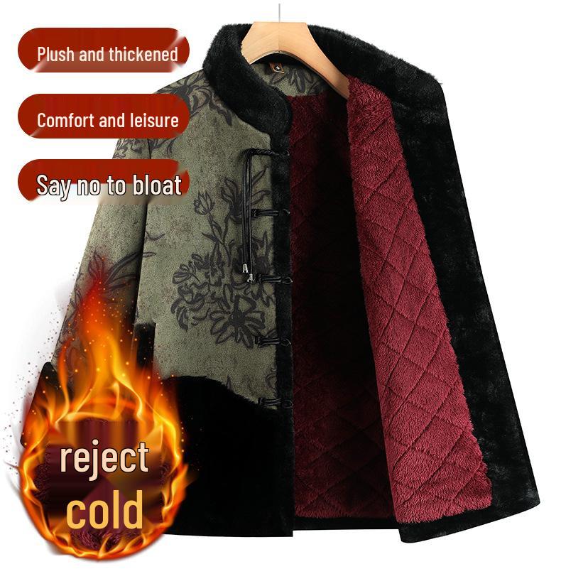 Printed Winter Plush-Lined Stand Collar Jacket for Middle-Aged & Elderly Women: Warm, Plus Size, Frog Button Cotton Coat