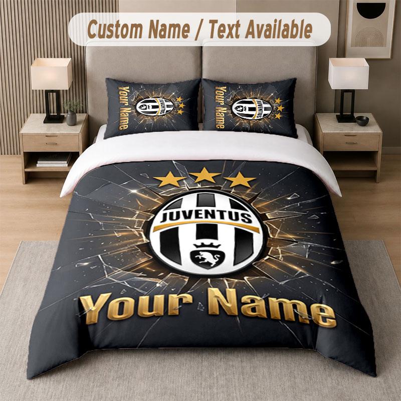 Custom Bedding Set Juventus FC Pattern, Print Name Text 1 Duvet Cover Plus 2 Pillowcases Home Textile