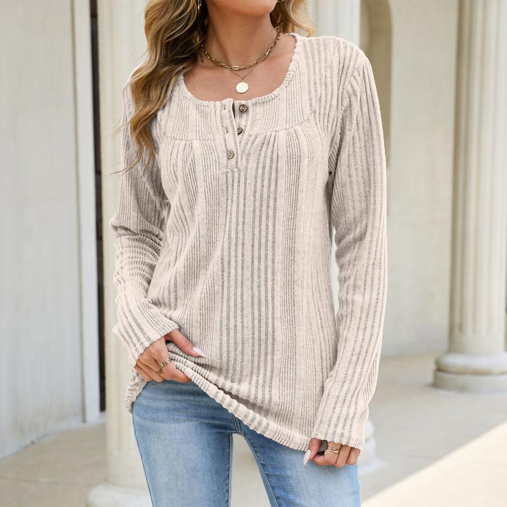 Women Long Sleeve Pullover Top Ribbed Knit Casual Loose Fit Henley Shirt with Button Detail Lightweight Soft Fabric Comfortable