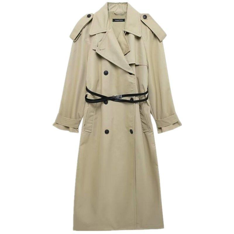 

Western Style 2024 Autumn and Winter New Women clothes Loose Lapel Long sleeve Basic Mid-Length Trench coat 0518253 Khaki L