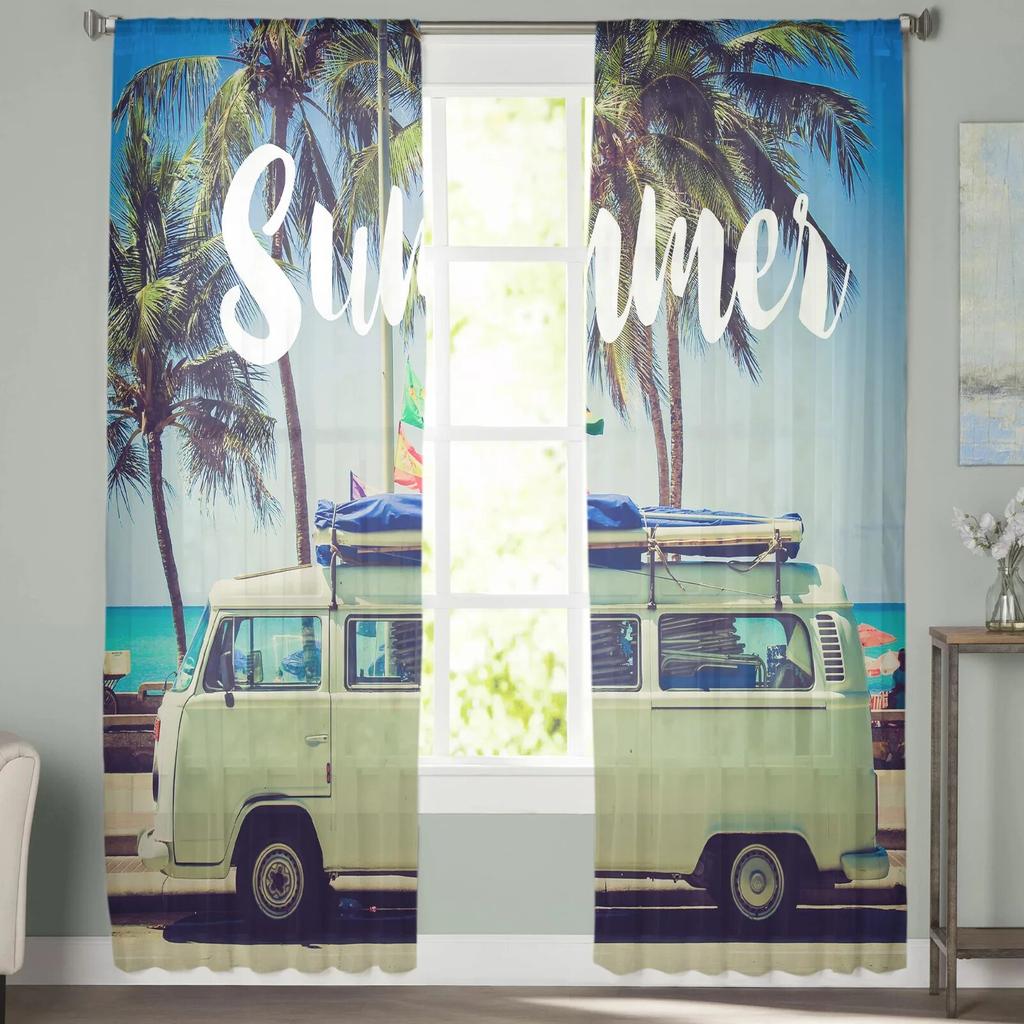 Seaside Bus Palm Tree Sheer Curtain for Living Room Hall Wall Dress Up  Home Window Supplies Pop Print Tulle Curtains
