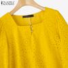 ZANZEA Women Casual Square Neck Loose 3/4 Sleeve Patchwork Crochet Blouse