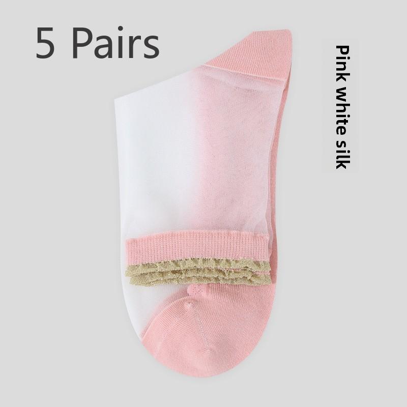 5 Pairs Lace Glass Stockings for Children Spring and Autumn Transparent Cotton Sole Anti-hook Crystal Socks Short Socks