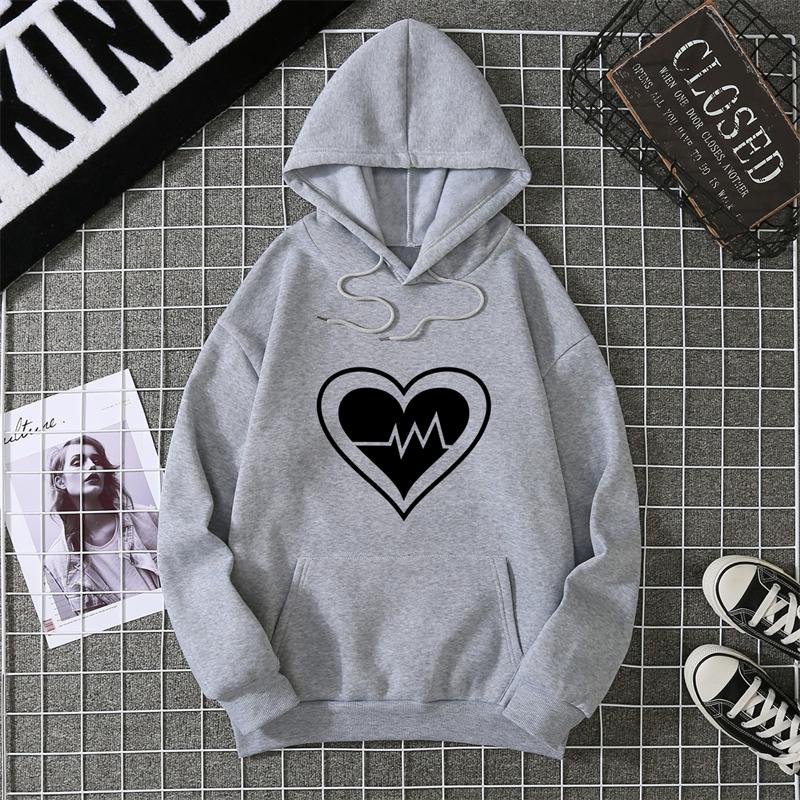 Women's Fleece Lined Hoodie Solid Color Heart Print Kangaroo Pocket Drawstring Printed Hooded Sweatshirt Streetwear