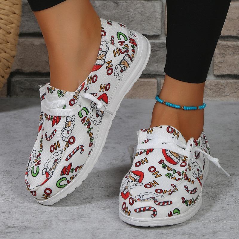 European and American Christmas Graffiti Single Shoes 2024 Autumn New Lace Up Casual Flat Shoes Large 35-43 Vulcanized Shoes