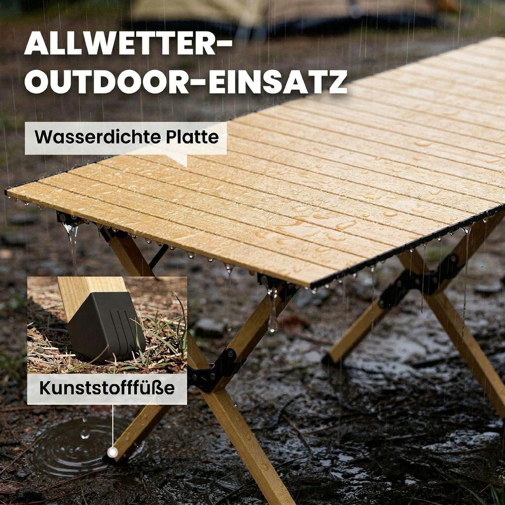 Camping Table 117 X 60 Cm Aluminum Folding Table with Roll-up Tabletop Wood-look Carrying Bag Waterproof