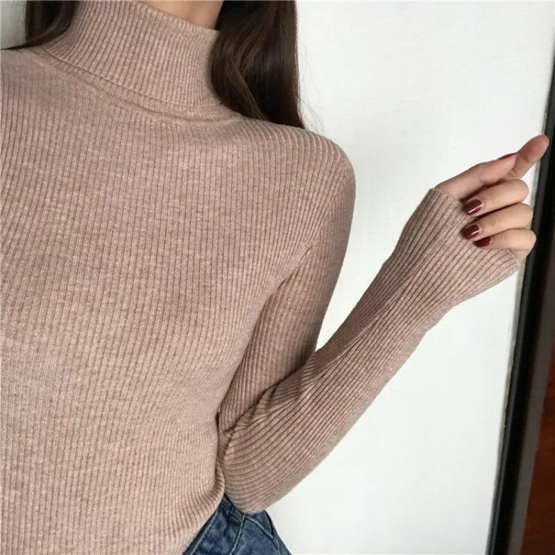 Autumn Winter Thick Sweater Women Knitted Ribbed Pullover Sweater Long Sleeve Turtleneck Slim Jumper Soft Warm Pull Femme