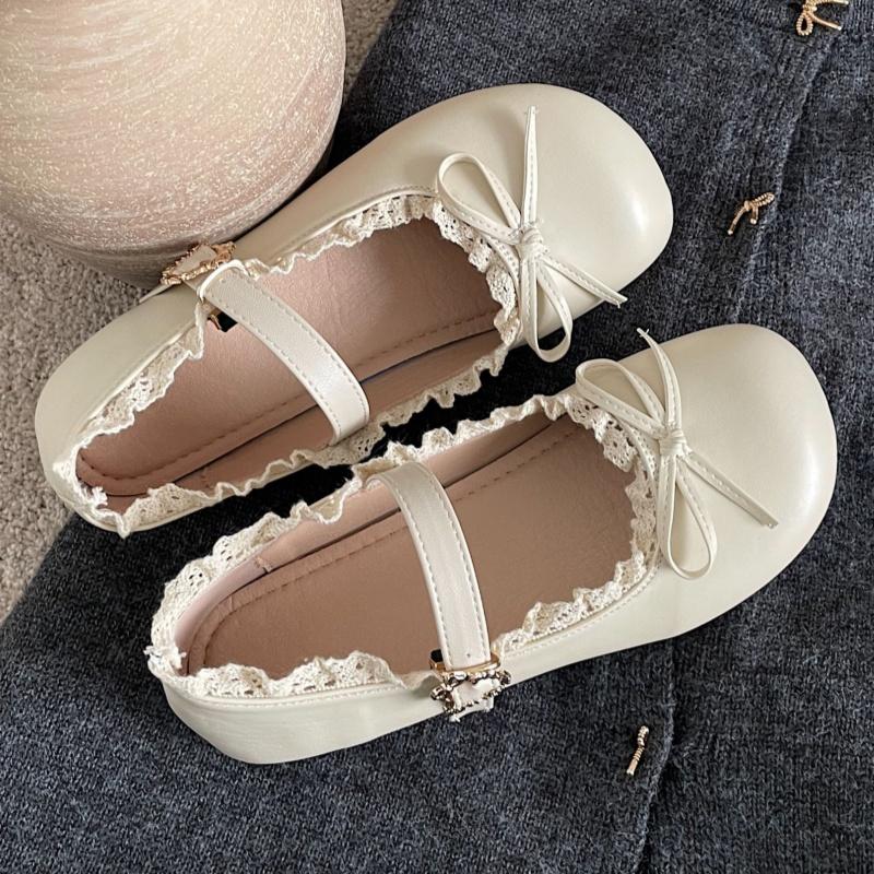 2025 Breathable Leather Flat Shoes Lace Ruffled Bow Ballet Flats Casual Soft Soled Women Shoes Mary Janes Sweet Girls Shoes