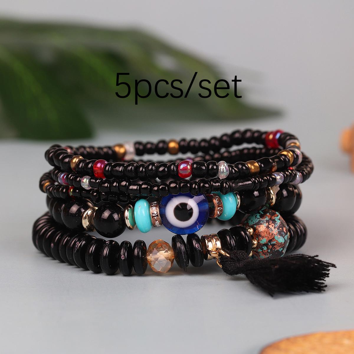 JYL TS Bracelet Bohemian Evil Eye Rice Bead Tassel Blocks Negativity Black земляничный