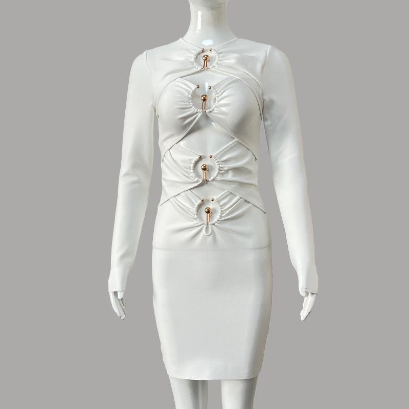 2023 Evropský a Americký Styl Dutý Design Crop Top Obvazové Šaty - Dlouhý Rukáv Bodycon Večerní Šaty pro Ženy