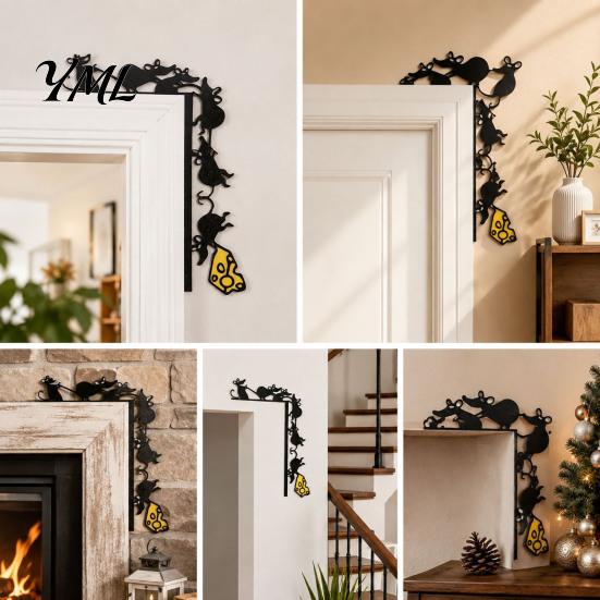 Christmas Party Decoration Metal Mouse Door Topper, Funny 6 Mice And Cheese Slice Frame Decor, Punch Free Cute Rats Wall Art Corner Sign for