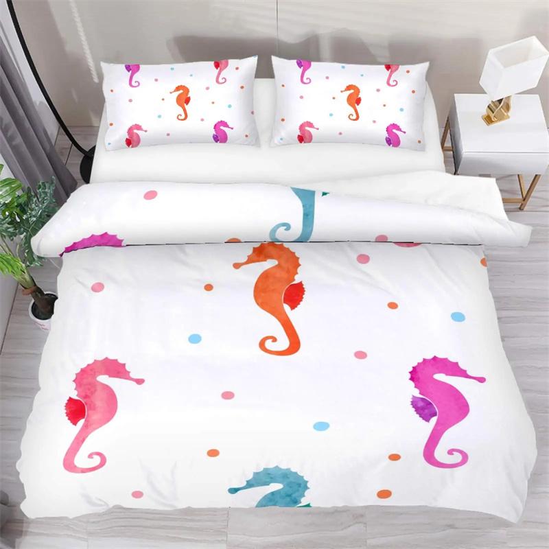 Seahorse Duvet Cover Marine Ocean Animal Print Bedding Set Mediterranean Teal Theme for Kids Women Gifts