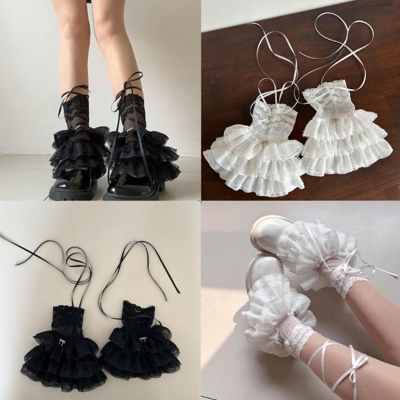 Women Ruffle Lace Leg Warmer Sweet Over the Calf Socks Mesh Flared Leg Socks Princess Leg Sleeves Halloween Costumes