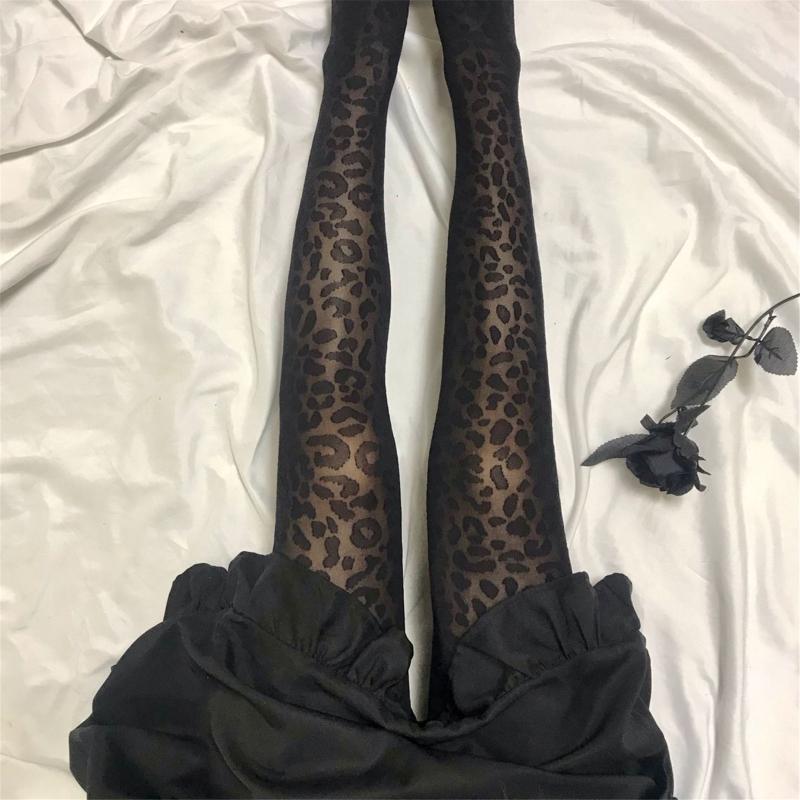 Women Spring Summer Sexy See Through Silky Pantyhose Stockings Leopard Print Jacquard Patterned Black Tights Hosiery