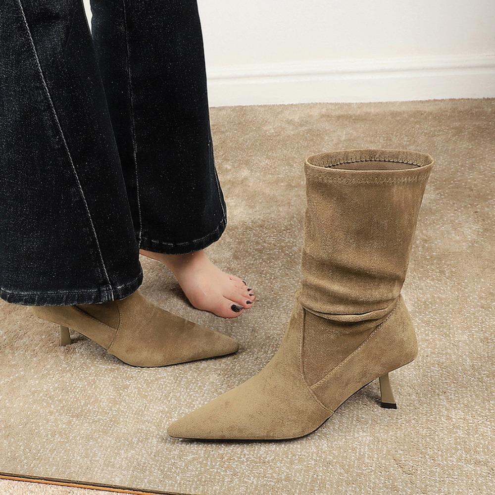 Woman High Heel Boots Suede Autumn Versatile Medium Tube Short Boots Woman Elastic Suede Pointed Pleated Boots