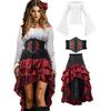 Halloween Vintage Pirate Dress Set, High Low Ruffle Long Skirt Medieval Costume Corset Waist Pirate Themed Outfit for Party